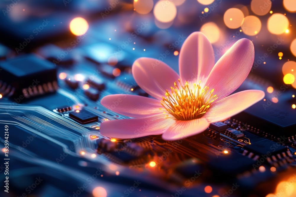 Poster artistic concept showcasing the fusion of nature and technology a flower on the electronic circuit b