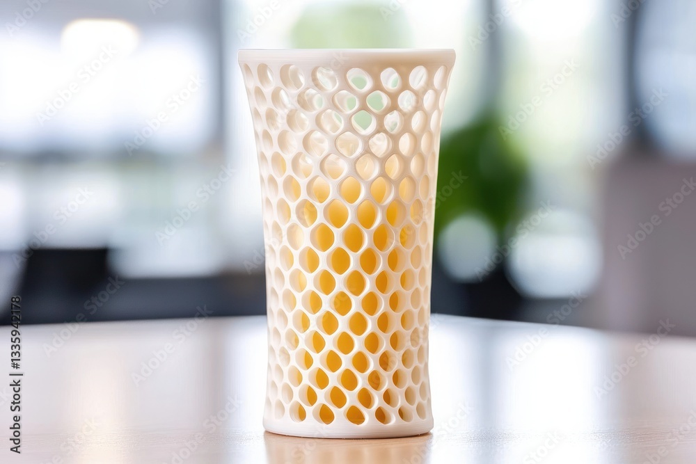 Poster Elegant crafted vase with intricate lattice pattern translucent orange liquid on bright table