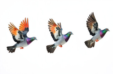 Four Flying Pigeons in Side View &ndash; Realistic Stock Photo-Style High-Resolution Image on a White Background