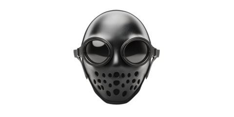 Glossy black mask: sleek and protective, with goggles and multiple air holes, modern design for style and safety, full face protection. Isolated, transparent background, png.