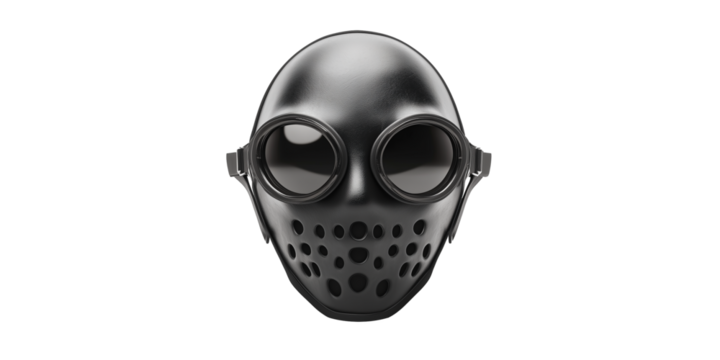 Glossy black mask: sleek and protective, with goggles and multiple air holes, modern design for style and safety, full face protection. Isolated, transparent background, png.