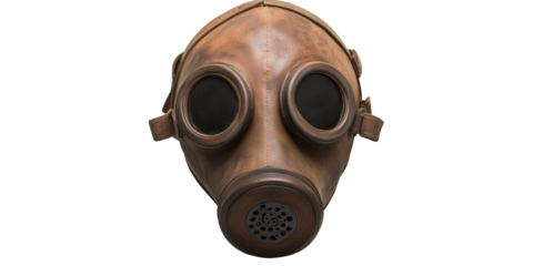 Vintage Protective Mask: Close-up of an aged, leather-like face covering with round lenses & a breathing filter. Isolated, transparent background, png.