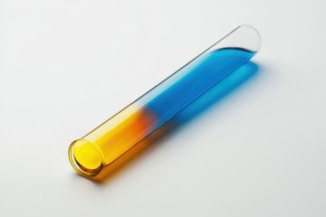 Fototapeta premium Test tube containing yellow and blue liquid on a bright white surface experiment background science