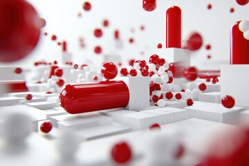 Futuristic pharmaceutical design with red and white spheres on a geometric white background clean concept