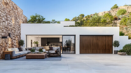 Modern residence with outdoor seating area and scenic hillside view