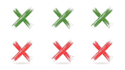 Obraz premium Green check marks and red X marks. Check marks indicate approval. X marks indicate rejection. Simple symbols for yes and no. Clear visual for correct and incorrect. Vector element set.