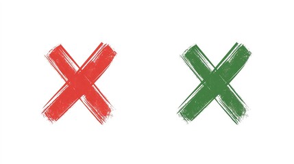 Fototapeta premium Green check marks and red X marks. Check marks indicate approval. X marks indicate rejection. Simple symbols for yes and no. Clear visual for correct and incorrect. Vector element set.