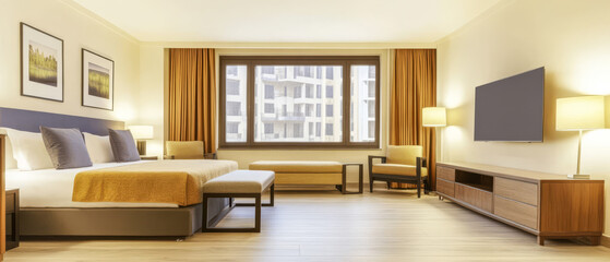 Fototapeta premium Modern hotel room with cozy furnishings and bright natural light in a city setting