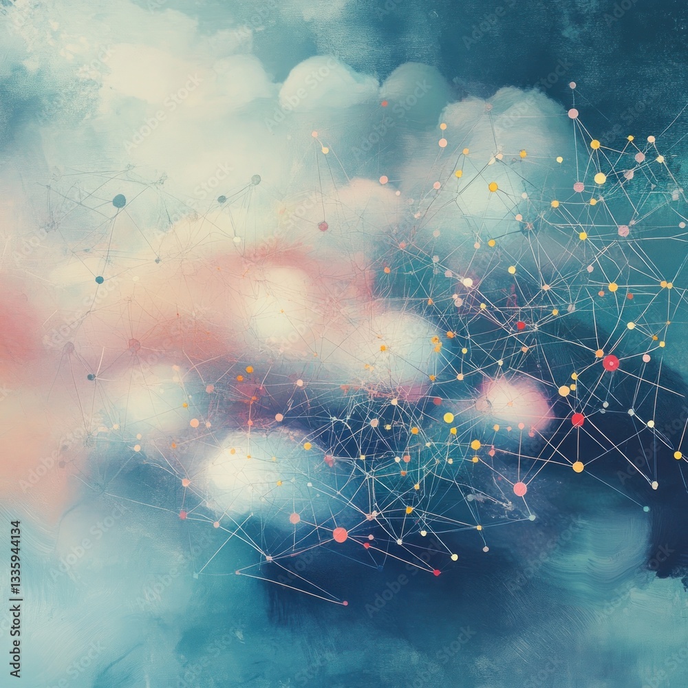 Aufkleber Abstract network communication on dreamy blue canvas with pastel highlights and connecting lines design