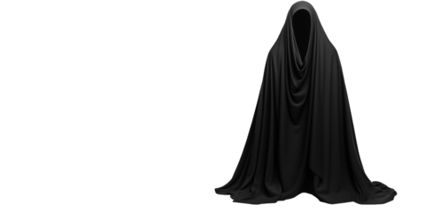 A dark, hooded figure, draped in flowing fabric that conceals the face and adds an air of mystery. Isolated, transparent background, png.