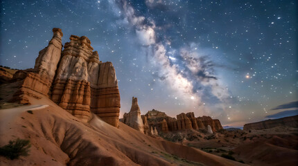 Majestic Sandstone Formations Stand Silhouetted Against A Breathtaking Night Sky, The Milky Way Arcing Gloriously Overhead, A Celestial Spectacle Under A Blanket Of Stars