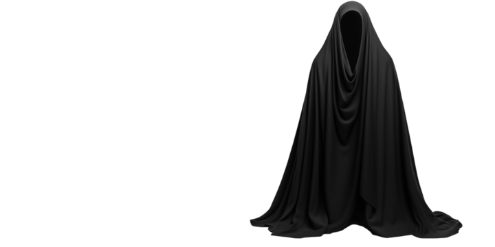 A dark, hooded figure, draped in flowing fabric that conceals the face and adds an air of mystery. Isolated, transparent background, png.