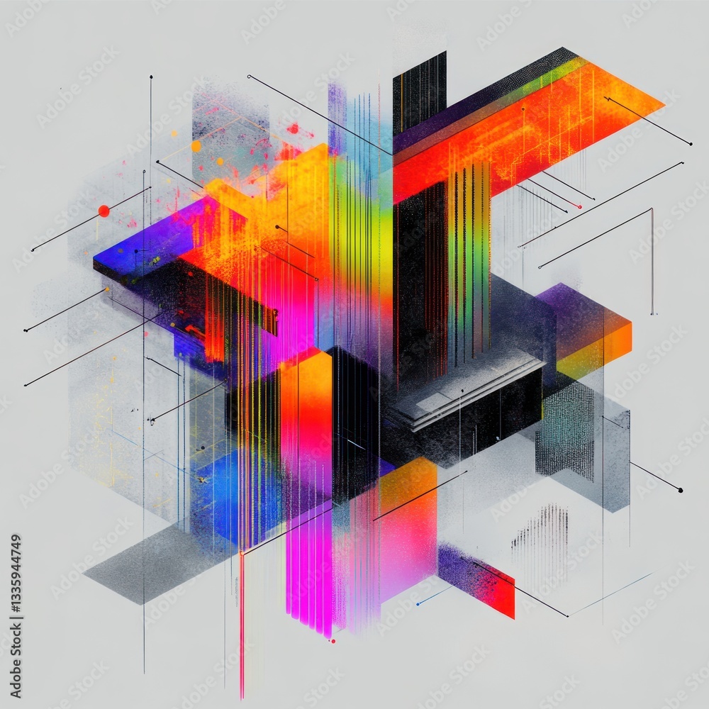 Poster Dynamic geometric abstract design featuring vibrant colorful blocks lines and graphic elements