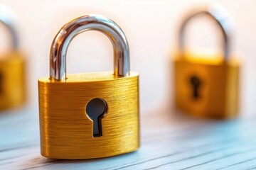 Naklejka premium Golden padlock in focus on wooden surface signifying security encryption and data protection concept