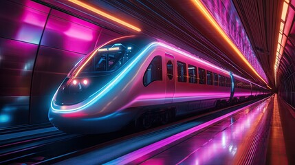 A neon-lit train rushing through a futuristic tunnel.
