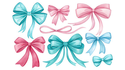watercolor pink and blue bows illustration, hand-painted ribbons isolated on white background, cute decorative elements