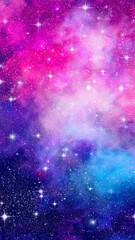 Fototapeta premium This is a dreamy cosmic watercolor painting featuring vibrant pink, blue, and purple hues. The glowing stars and scattered white specks create a magical galaxy-like atmosphere.