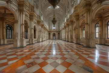 Obraz premium Elegant interior of a grand hall with intricate architecture, ornate chandeliers, and polished floors