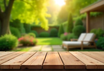 Fototapeta premium Generative AI, Serene Garden Retreat with Wooden Table Foreground, Creating a Peaceful Outdoor Ambience