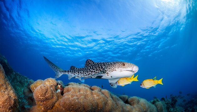leopard shark with a yellow pilot fish in blue water