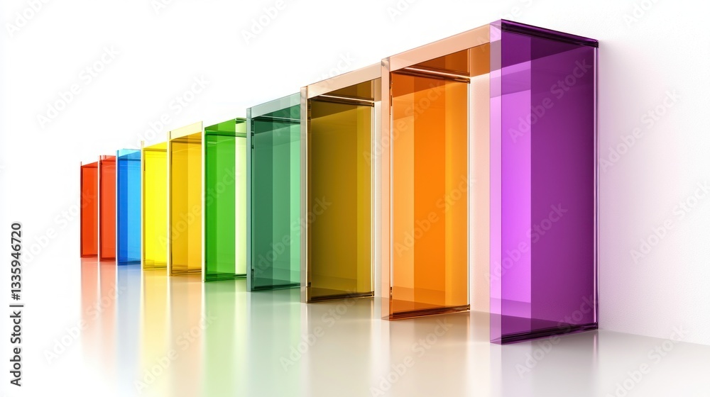 Poster Array of Translucent Colorful Glass Rectangles Stand in Reflected Spectrum Against Clean Background Contemporary Minimalist Style