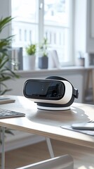 VR headset rests on a desk near a window.