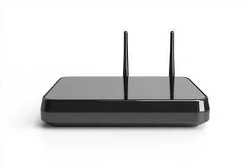 Sleek black wireless router with dual antennas on white providing internet connectivity solution technology