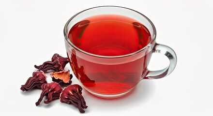 A Cup of Hibiscus Tea With a Deep Red Color, Accompanied by a Few Dried Hibiscus Petals