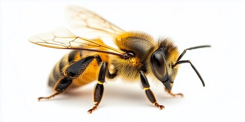 High-resolution macro shot of a realistic honey bee on a white background