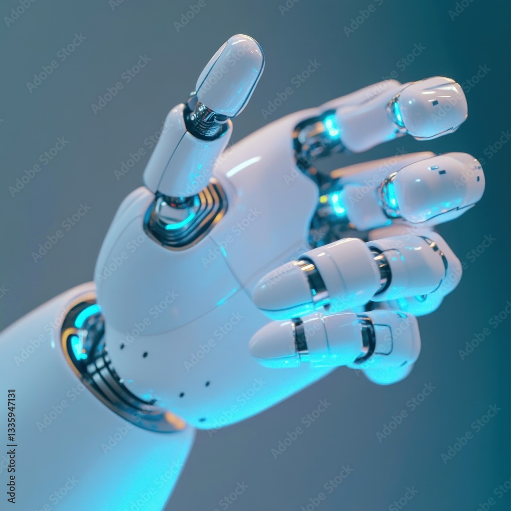 Aufkleber robot hand reaching forward futuristic technology and cybernetics in a blue ambient light innovation