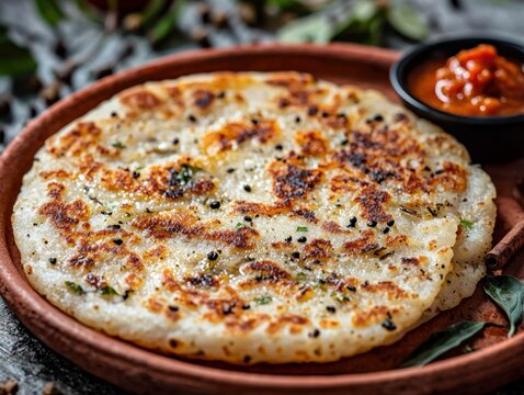 Savory uttapam flatbread closeup a delectable south indian breakfast with tomato chutney in dim light