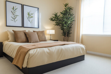 Fototapeta premium Cozy bedroom with natural decor and soft lighting in a contemporary home interior
