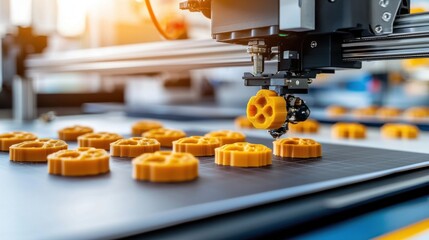 Precision printing with innovative technology showcasing yellow plastic objects on a production line
