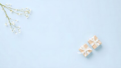  light blue background with a diagonal composition of delicate white baby's breath flowers and two small, wrapped gifts.
