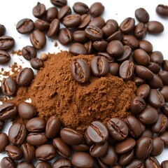 pile of whole roasted coffee beans, with a mound of finely ground coffee powder scattered around them