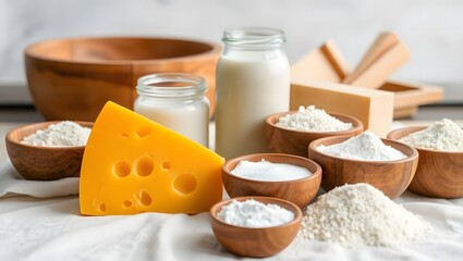various dairy products on a white cloth. Includes a large wedge of cheddar cheese, a small glass jar of milk, a wooden bowl of flour, a wooden bowl of powdered milk