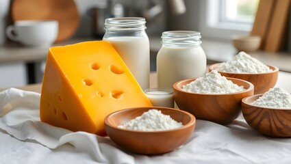 various dairy products on a white cloth. Includes a large wedge of cheddar cheese, a small glass jar of milk, a wooden bowl of flour, a wooden bowl of powdered milk