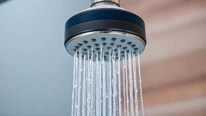 modern shower head with water spraying down, close-up view, high quality, shallow depth of field, blue and gray color scheme