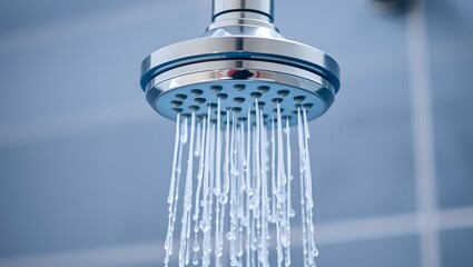 modern shower head with water spraying down, close-up view, high quality, shallow depth of field, blue and gray color scheme
