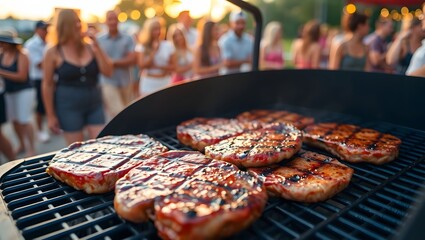 barbecue grill with several juicy, char-grilled steaks cooking on it