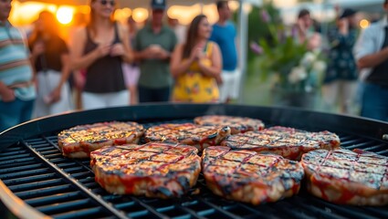 barbecue grill with several juicy, char-grilled steaks cooking on it