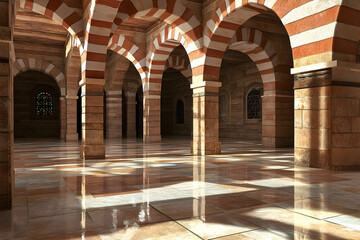 Obraz premium Interior view of a historic building featuring ornate arches and colorful stained glass windows