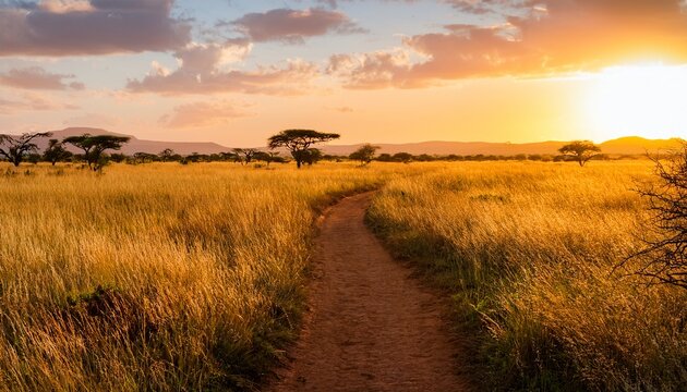golden hour in the savanna a breathtaking landscape unfolds at sunset in the african savanna where golden rays illuminate a dirt path leading through a field of tall grass