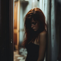 A sad and crying woman stands in the entrance hall in front of the apartment's front door.
