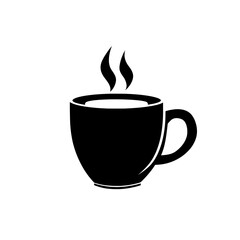 Modern black and white vector illustration of a steaming coffee mug, symbolizing energy, comfort, and daily coffee rituals.