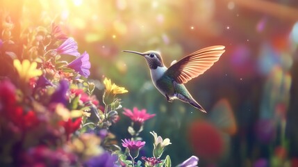 Fototapeta premium Hummingbird in flight amidst colorful flowers