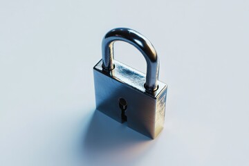 Naklejka premium Security concept showcasing a sleek metal padlock on plain surface with minimalist background highlighting modern style