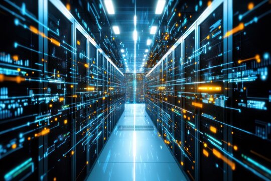 Serene corridor of modern data servers gleaming with blue and orange light patterns in a spacious server room