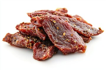 Delicious dried beef meat jerky stacked against clean white background in bright studio light detail