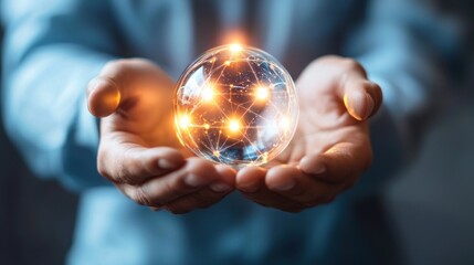 Connected world in the hands of a person glowing orb with connections shows global network